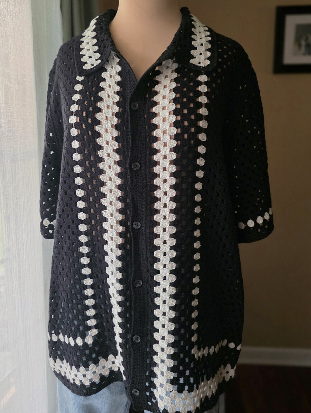 33 Degrees Men's Crochet Button Down Shirt Size M Black White Open Weave Camp